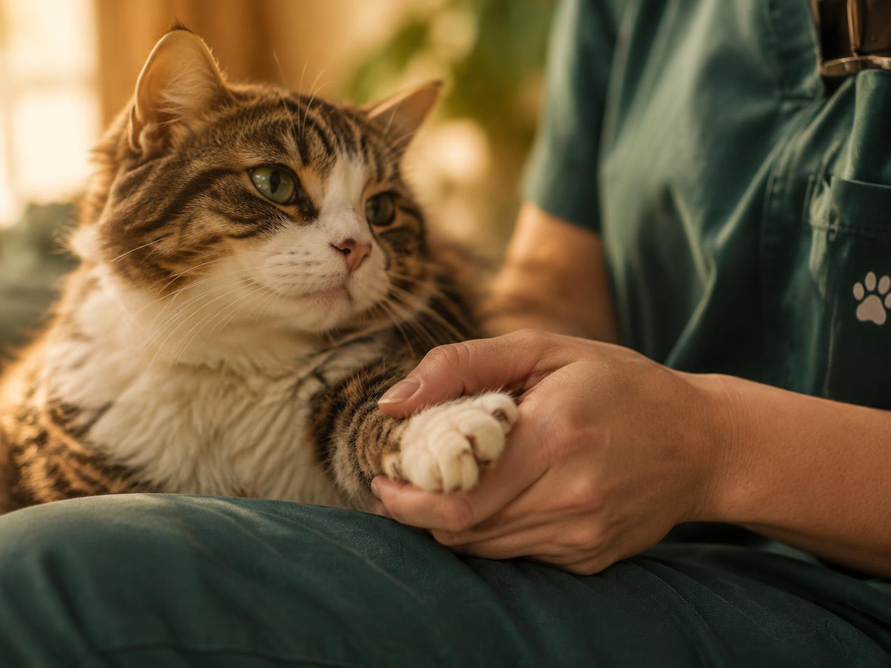 A veterinary professional gently holding a cat's paw in warm light