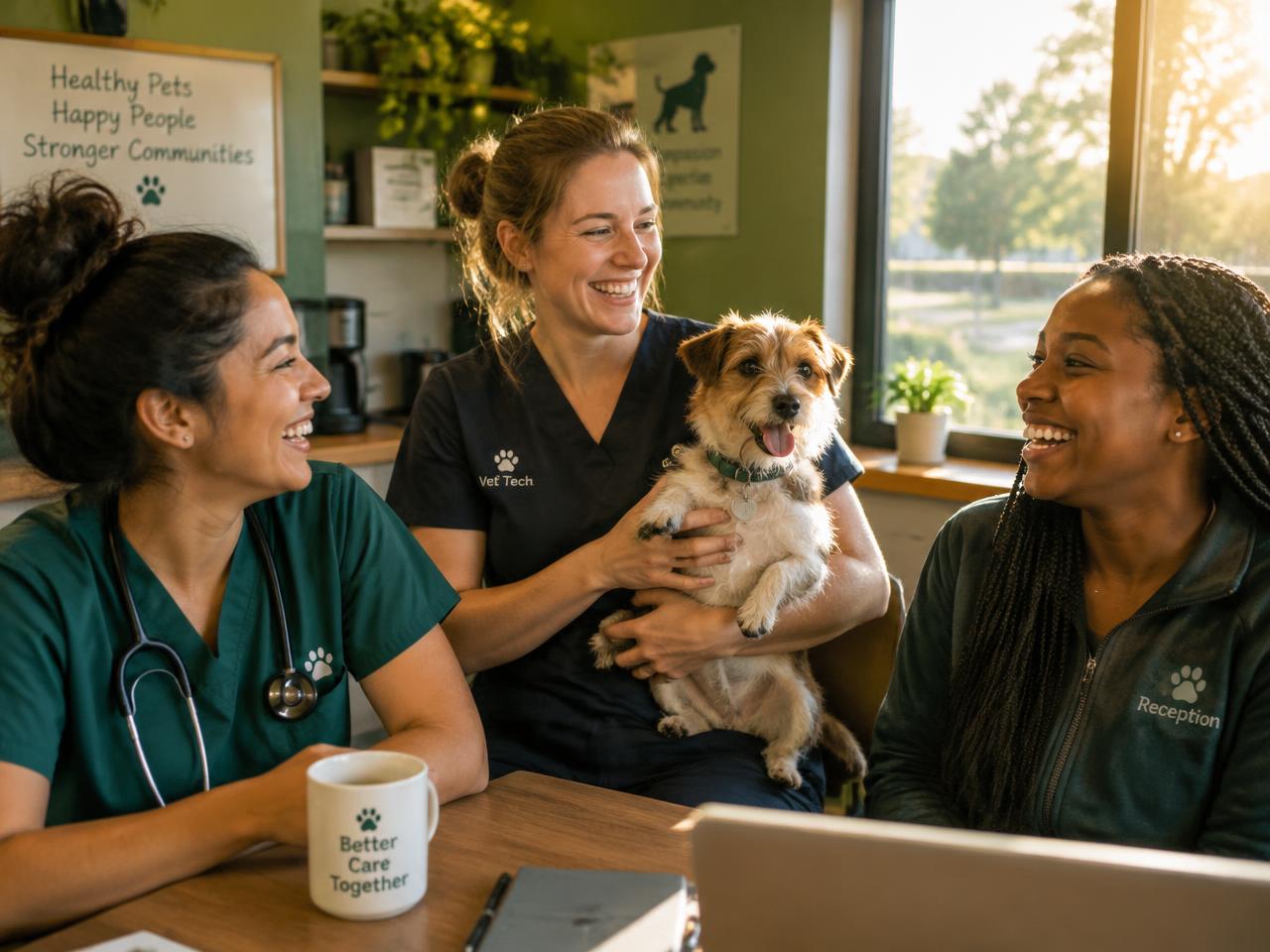 Veterinary team members laughing together in a clinic break room, one holding a happy dog